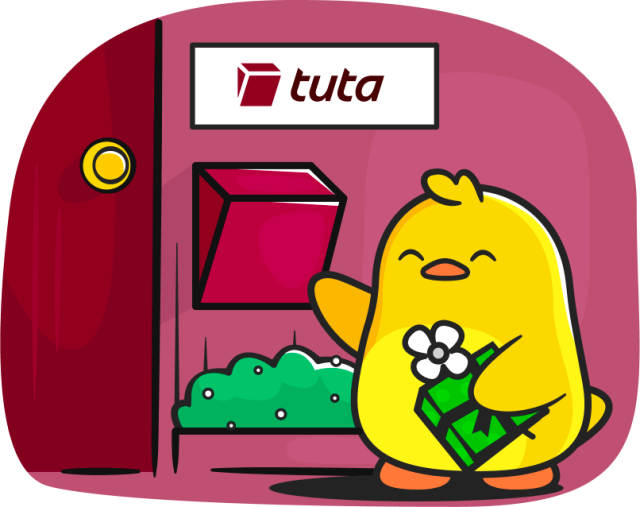 A cartoon illustration depicts a yellow, bird-like character standing in front of a red machine. The machine has a slot with a green bush underneath, and a yellow circle on the side. The bird-like character is holding a gift wrapped in green paper with a bow and small white flowers poking out. The text "tuta" is written in white on a red rectangular sign at the top of the machine. The image is set against a pink background with a darker pink border.