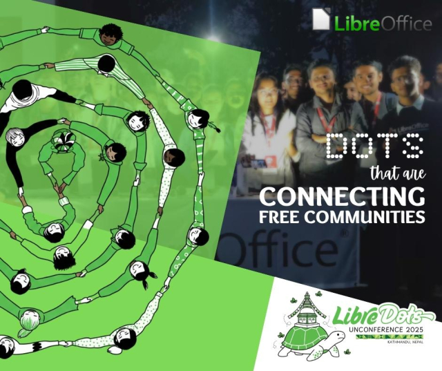 Picture of community members at LibreOffice event in Nepal, and the sentence "Dots that are connecting free communities"