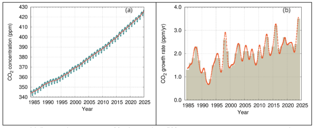 Globally averaged CO2 concentration (a) and its growth rate (b) from 1984 to 2024. Increases in successive annual means are shown as the shaded columns in (b). The red line in (a) is the monthly mean with the seasonal variation removed; the blue dots and blue line in (a) depict the monthly averages. Observations from 179 stations were used for this analysis.
