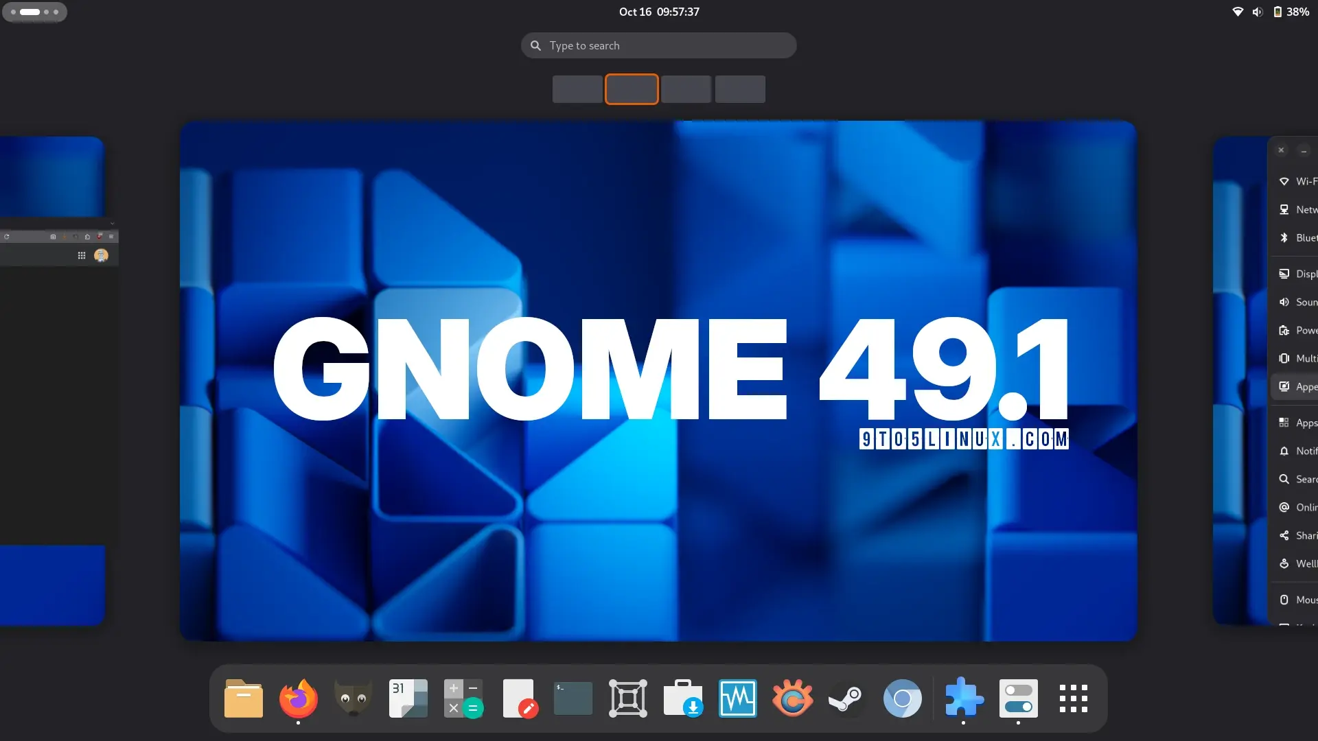 Screenshot of the GNOME 49.1 desktop environment showing the Activities Overview.