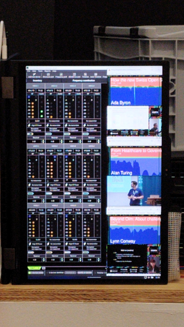 Laptop in portrait mode, some loudness graphs, small indicator lamps for rf levels.