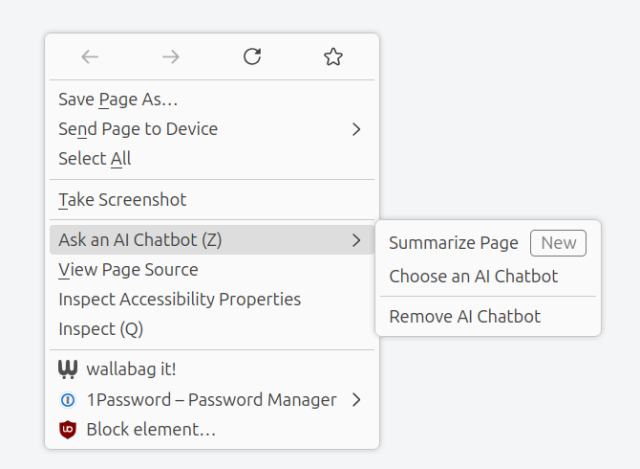 a firefox context menu showing "ask an ai chatbot" options that were added without informing users about this 