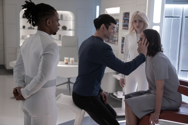 Ethan Peck as Spock, Jess Bush as Chapel and Melanie Scrofano as Batel in Strange New Worlds.