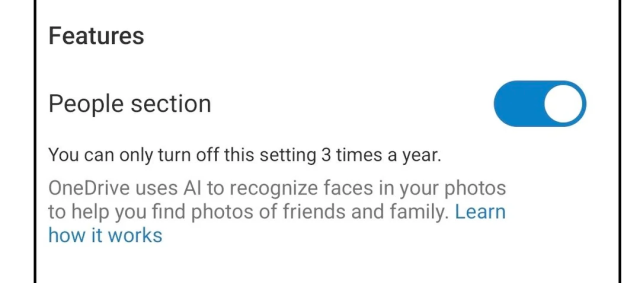 A dialog box in Microsoft's photos product warning you that you can only turn off the AI facial recognition settings three times per year.