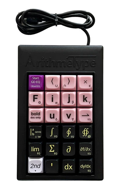 A small keypad-sized keyboard, with letters f,i,j,k,u,v, integral, sum, derivative, limit, prime, and other math keys 