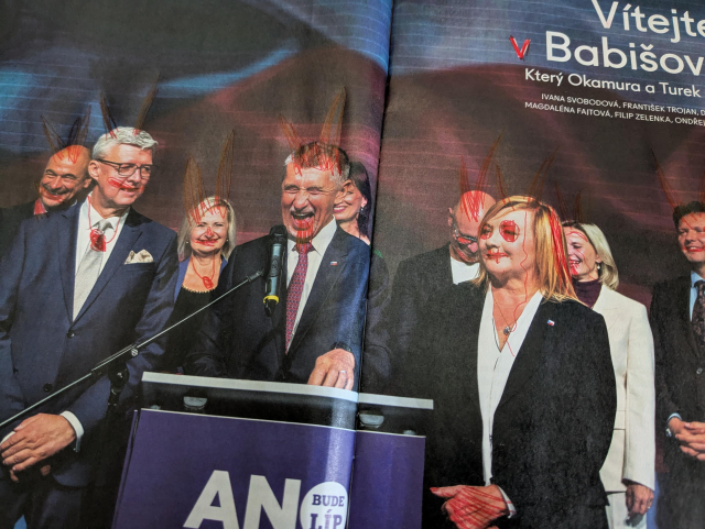 Andrej Babiš and other leaders of ANO (populist party in Czechia) with drawn red horns.