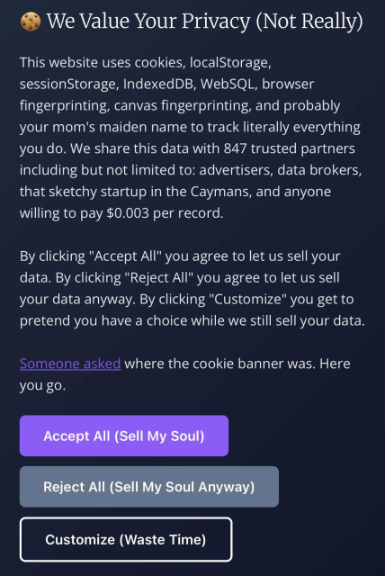 A funny cookie consent pop-up banner titled "We Value Your Privacy (Not Really)" with sarcastic options like "Accept All (Sell My Soul)," "Reject All (Sell My Soul Anyway)," and "Customize (Waste Time)."