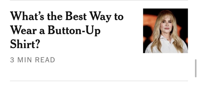 The image features a headline asking, "What's the Best Way to Wear a Button-Up Shirt?" accompanied by a photo of a woman with long hair, wearing a white shirt. 