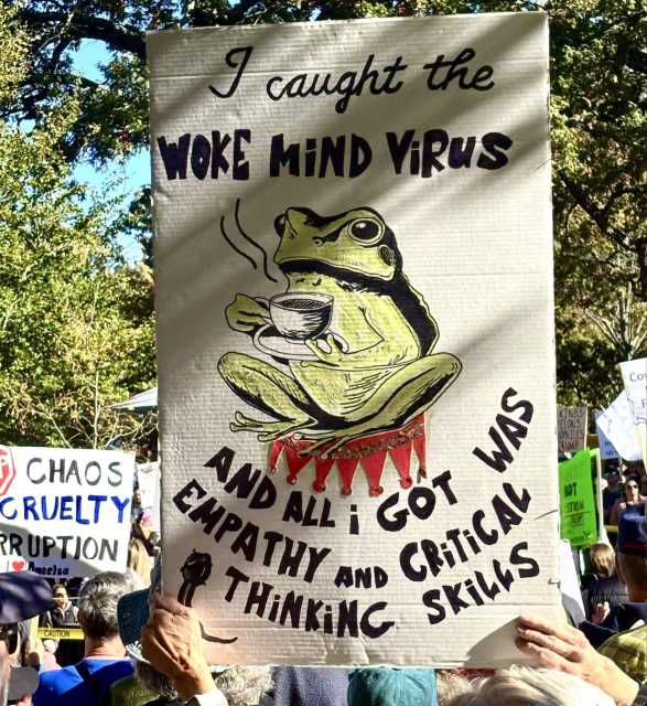 A poster with hand drawn text

I caught the woke mind virus...

[A drawing of a frog sipping hot libations from a steaming cup over a saucer with a festive string banner (triangles with one corner at the bottom converted into a circle with embellishments like a belly dancer's cummerbund) under it in red]

...and all I got was empathy, critical thinking skills.