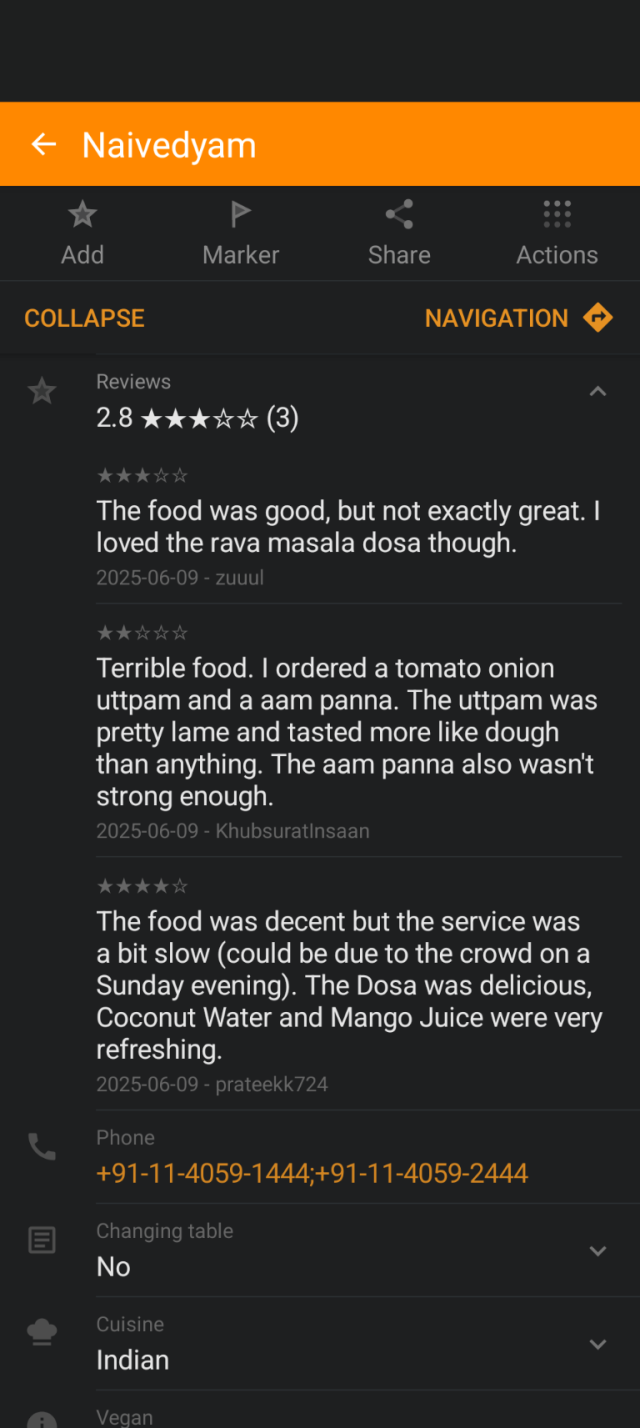 A screenshot of OsmAnd displaying reviews for a restaurant.