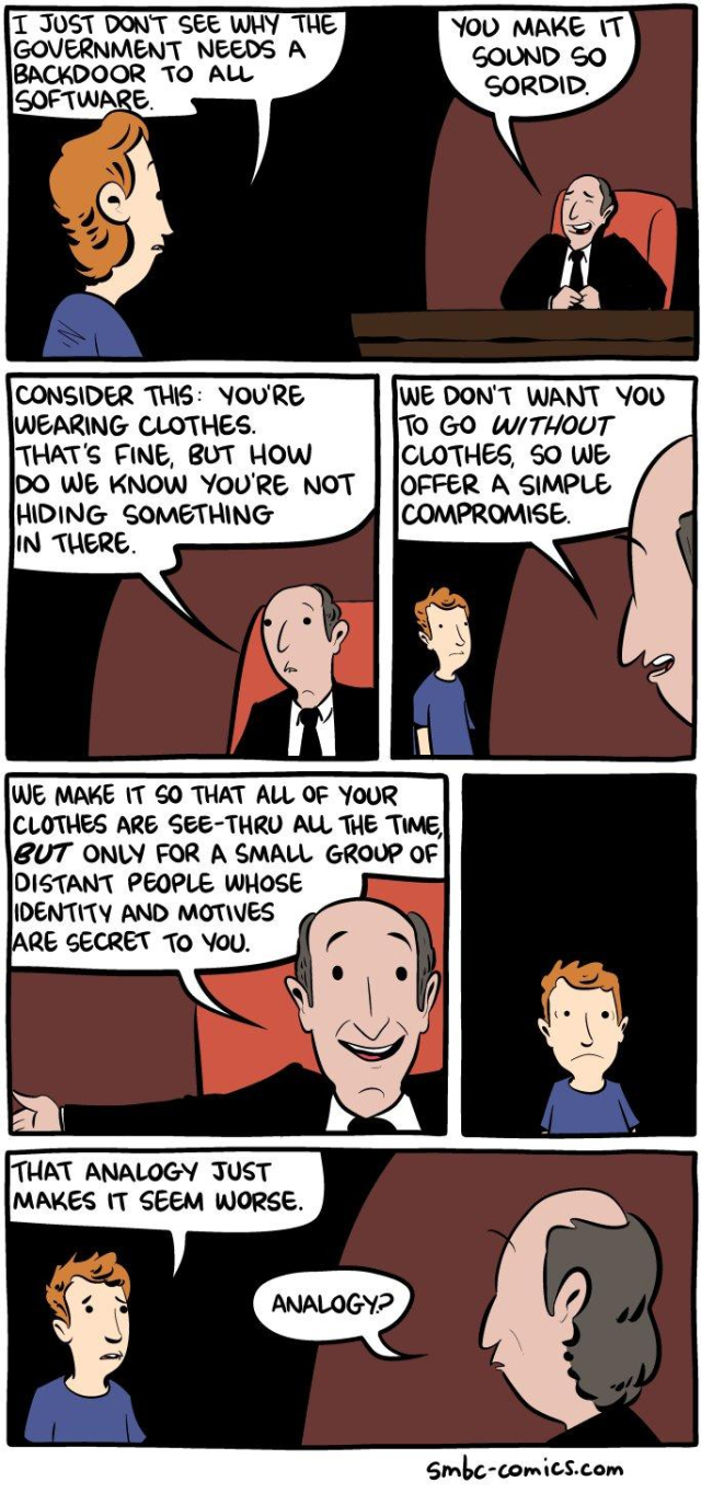 A four-panel comic. Panel 1: A person sits at a desk saying, “I just don’t see why the government needs a backdoor to all software.” A man replies, “You make it sound so sordid.”
Panel 2: The suited man continues: “Consider this: you’re wearing clothes. That’s fine, but how do we know you’re not hiding something in there.” 
Panel 3: The suited man says: “We don’t want you to go without clothes, so we offer a simple compromise. We make it so that all of your clothes are see-thru all the time, but only for a small group of distant people whose identity and motives are secret to you.”
Panel 4: The seated person replies: “That analogy just makes it seem worse.” The suited man responds: “Analogy?”