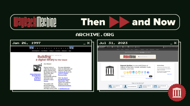 Image with text at the top that reads: "Wayback Machine Then and Gone" and "ARCHIVE.ORG". Below are Wayback Machine captures of the Internet Archive website from January 26, 1997, and July 31, 2023. 