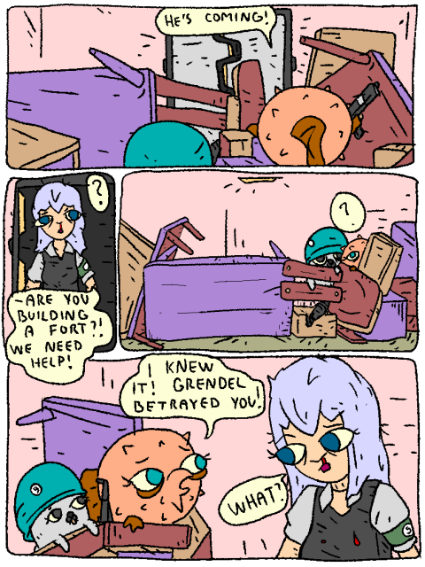 Glenda and Fish are hiding behind a furniture barricade, ready to kill Grendel.

Fish: "He's coming!"

But it's bloodied Cirno.
 
Cirno: "-are you building a fort? We need help!"

Fish: "I knew it! Grendel betrayed you!"

Cirno: "What?"