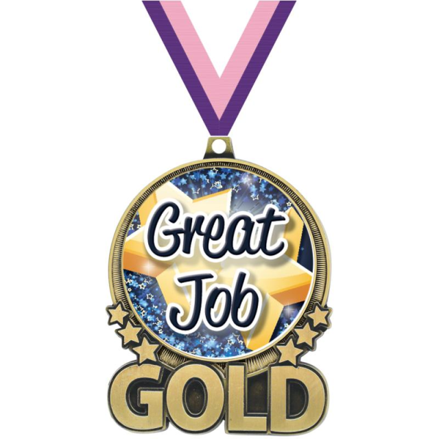 A round Gold medal with a blue background of small stars, with two large golden stars with the text "Great Job" over them.
In the bottom of the medal you can see six stars, tree on each side of golden letters forming the word GOLD.

(Image: crownawards.com)