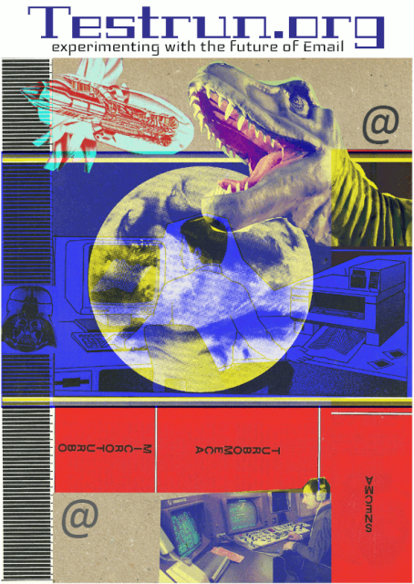 home page picture of https://testrun.org 

text title "Testrun.org"  with the sub title "experimenting with the future of Email"

the picture is a collage and shows the head of a dinosaur with an open mouth and many teeth trying to swallow a Zeppelin that seems to be flying directly into the mouth.  Next to the dinosaur head is a classic "@" email symbol. 

the middle part is blue, and has overlay graphics of a moon-like planet and some old computers in the back

the bottom part contains a picture of a sysadmin ca. 1975 in front of computer screens that show green letters on a black screen.  There also are separately three cryptic letter chains that seem to translate to "Communications", "Command" and "Sigma".  Another "@" sign is left of the computer screens. 
