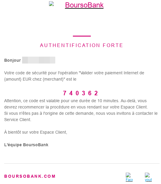Mail donnant un code à usage unique pour valider un paiement en ligne par Boursorama.