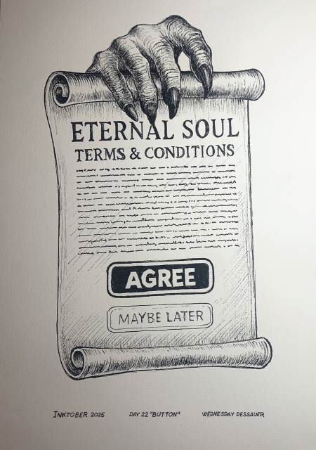 A demon hand holds a scroll titled ‘Eternal Soul Terms & Conditions’. After a block of small print is a large high contrast button ‘agree’. After that is a low contrast button ‘maybe later’. 