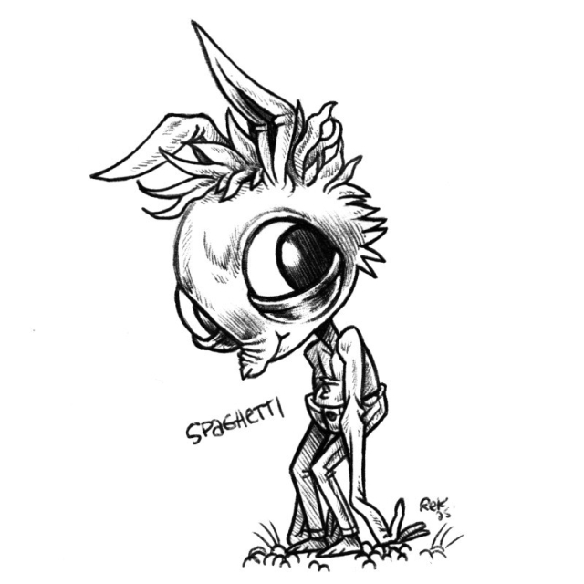 an ink drawing of a humanoid rabbit named Spaghetti, standing, looking at the viewer with an adorable grin. They have hair in short thick and thin chunks, very large eyes, big dark eyelids, and a very skinny body with extra large hands. They are slumping forward a bit, standing shirtless. Their skin appears to be a bit loose on their body.