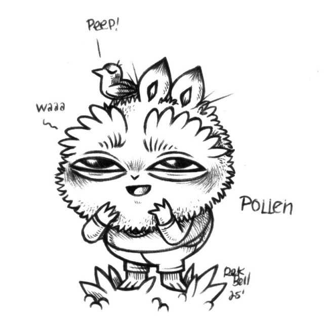 a drawing of a humanoid rabbit named Pollen. Pollen has a big puffy head with bushy eyebrows and tiny ears. They are looking up, in awe, as a bird has landed on their head.