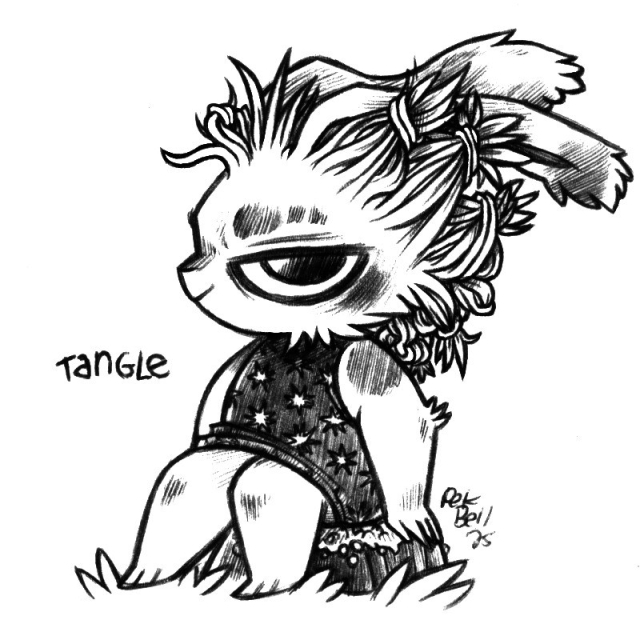 a drawing of a humanoid rabbit named Tangle, sitting on a mossy rock. Their hair full of knots, messy. They are giving you a side-eye look with a slight grin. They are wearing a dark dress with star prints.