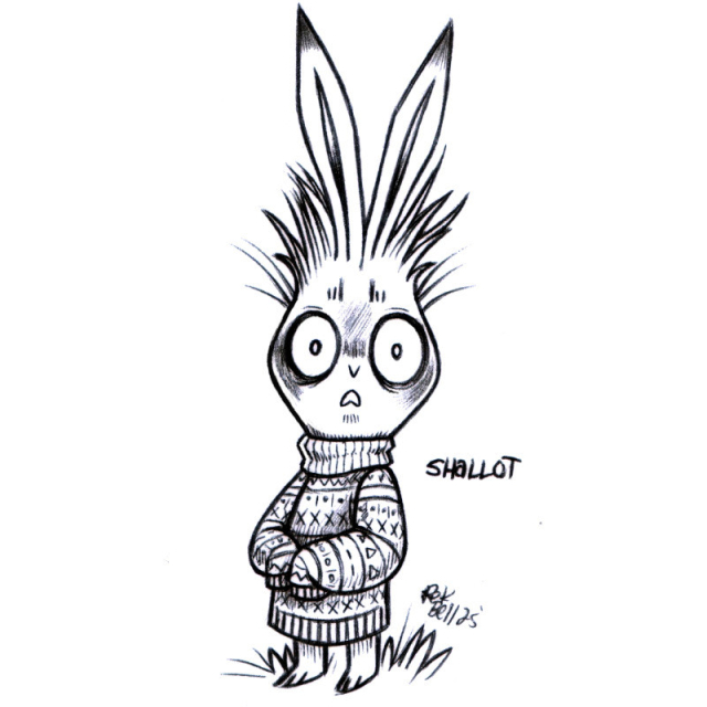 A drawing of a humanoid rabbit named Shallot. They are standing, looking a little alarmed, wide-eyed, mouth agape. They are long and thin, with an overall very narrow body shape, resembling a shallot. They are wearing a bulky sweater.