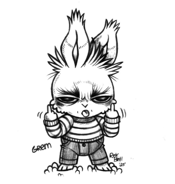 a drawing of a humanoid rabbit named Grem, who's tongue is sticking out and giving the finger with both hands. They have wispy dark eyebrows, they're wearing a striped shirt and dark jeans. The hair on their head is wild.