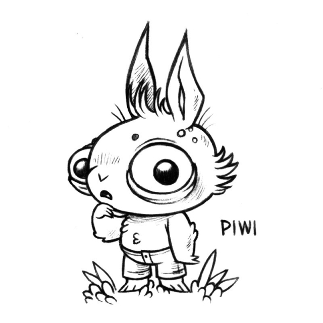 a drawing of a short stout humanoid rabbit named Piwi. Piwi has bulgy eyes, and seems like they are not understanding something... staring ahead. They arent wearing a shirt. 