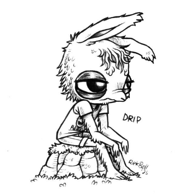 a drawing of a humanoid rabbit named Drip, with a droopy snout, hair and ears. They have heavy-lidded eyes. They are sitting on a mossy rock, wearing a shirt with a smiley face saying "Party"