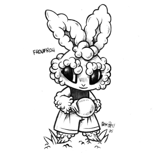 a drawing of a humanoid rabbit named Froufrou, with fur shaped in big bulbous bunches. They have prominent eyebrows and cheek fur, as as well as bouffant bangs. They are looking to the side, smiling ever so slightly, while holding a ball. They have wide pants, and a dark sleeveless tank top.