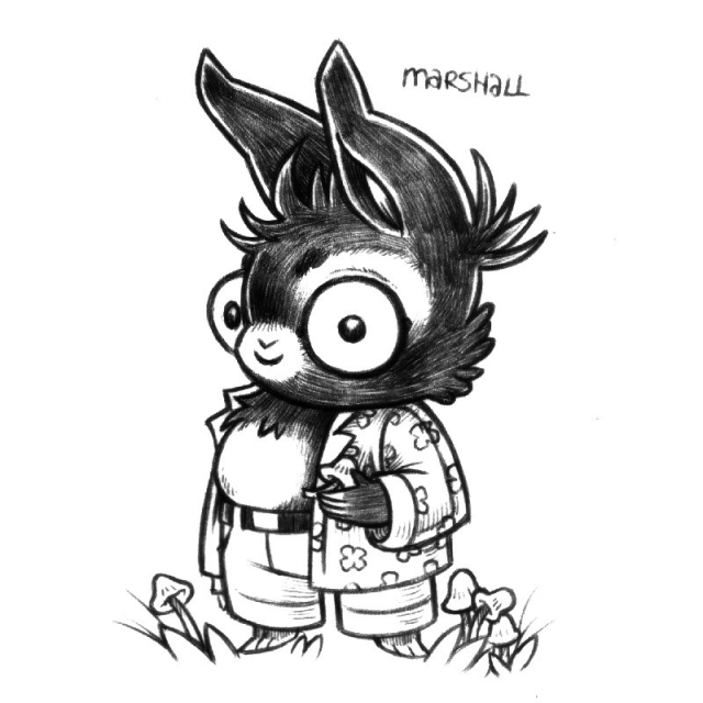 a drawing of an anthropomorphic rabbit named Marshall, standing, looking a the viewer, wide-eyed and smiling, holding a mushroom. Other mushrooms are growing at their feet. They are wearing an open blouse covered in a 4 leaf clover pattern. Their fur is dark, but light at the snout and over their eyes.
