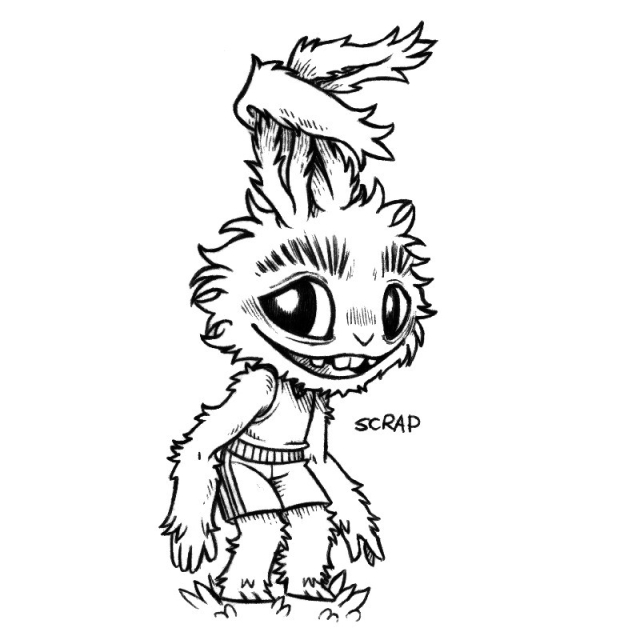 a drawing of a scruffy-looking humanoid rabbit, standing while looking at the viewer, grinning widely, with some teeth missing. They are wearing gym shorts, a sleeveless top, their ears are entangled, and they have messy eyebrows.