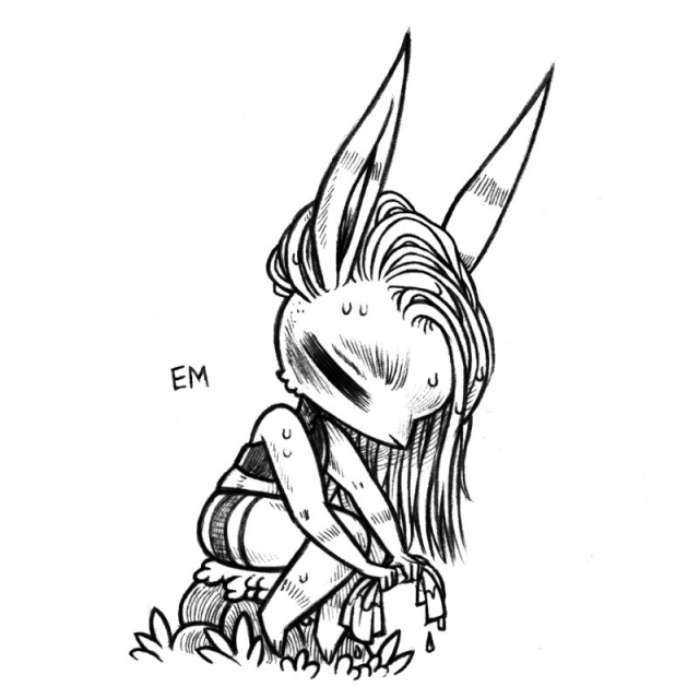 a drawing of a humanoid rabbit named Em, sitting on a rock, appearing wet, busy squeezing water out of a small towel. Em is wearing a two piece bathing suit and has long wet hair.