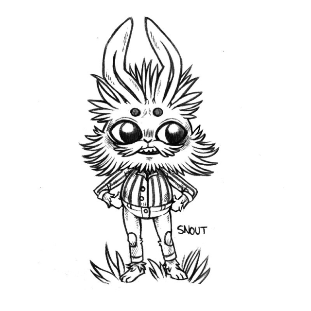 a drawing of a bearded and mustachioed humanoid rabbit, standing with their hands on their hips. Their ears are slightly crooked, they've got long thin legs and are wearing a stripped chemise.