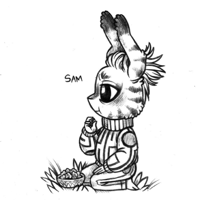 a drawing of a humanoid rabbit kneeling on the ground, looking in the distance while snacking on blackberries. They are wearing a funky sweater, and their hair is brushed back between their ears. They have stripes on their fur and black-tipped ears.