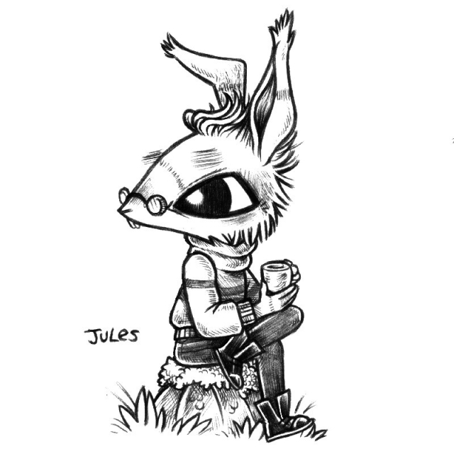 a drawing of a humanoid rabbit named Jules, sitting on a mossy rock and sipping a cup of something warm. Jules has an elongated face, protruding front teeth, and fur brushed back atop of their head. One of their ears is bent forward. They have glasses resting on the end of their snout, they are wearing a turtle neck sweater, black boots and jeans.