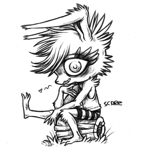 A drawing of a humanoid rabbit named Scree, sitting on a log, with one leg stretched out ahead of them. They are looking at the viewer, smiling akwardly, but also lovingly(somehow). They have long bangs draping over the front of their face, and ears bent at a 90 degree angle.