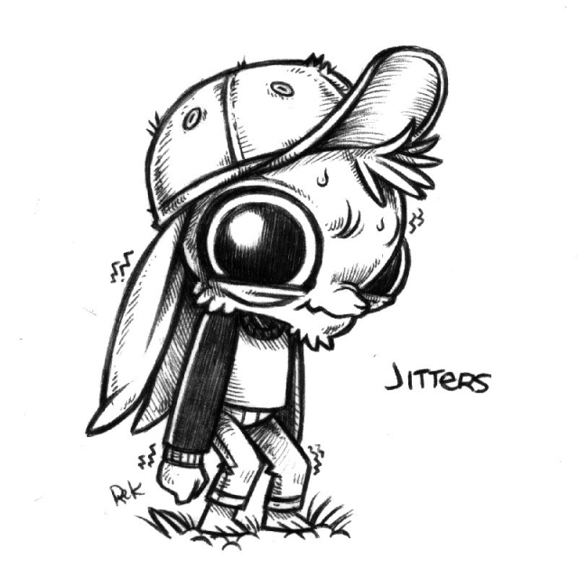 A drawing of a humanoid rabbit named Jitters. They are standing, sweating, shaking, looking very anxious, stiff, with their arms to their sides, knees bent, and smiling awkwardly. They are wearing a baseball cap which forces their ears downwards.