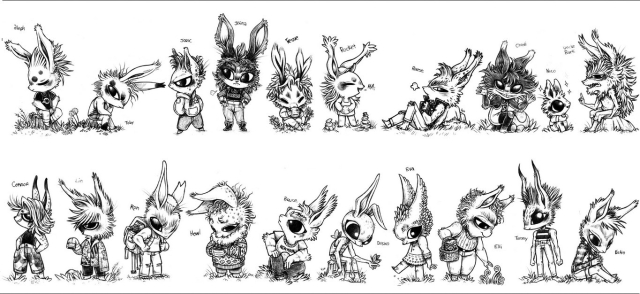 a line up of 25 hand drawn rabbits