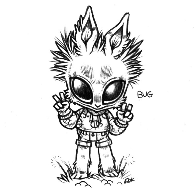 a drawing of a humanoid rabbit named Bug, standing, grinning mischieviously while making peace signs with their hands. They are wearing a long-sleeved shirt with insects drawn on them. They have small ears for a rabbit, with little hairs growing wildly all around them.