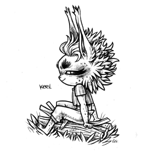 a drawing of a humanoid rabbit named Keel. Keel is sitting on a log, leaning back and resting on their hands. They are looking at the viewer, grinning softly. They have a wild mane of hair, resembling flames.