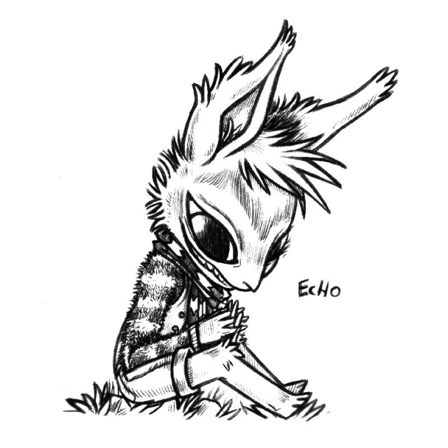 a drawing of a humanoid rabbit that is sitting in the grass, hands interlocked, smiling with a mischievous, cheshire cat-like grin. They're wearing a fuzzy stripped sweeater, with a vest and scarf overtop, and a pair of shorts. A pattern on their forehead makes it appear as though they have a unibrow, or a large wispy M.