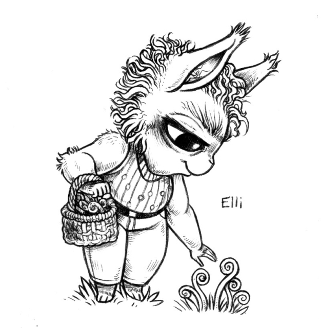 A drawing of a humanoid rabbit foraging for fiddleheads, with a basket hanging on one arm. They have wavy hair, and are wearing jeans and a patterned, sleeveless top. They look content, relaxed, smiling softly as they are reaching for yet another collection of fiddleheads in the ground.