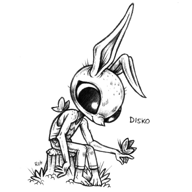 A drawing of a thin, bulgy-eyed, humanoid, hairless rabbit named Disko. Disko is sitting on a moss-covered stump, smiling, as a  butterfly sits on their back and another on their finger.
