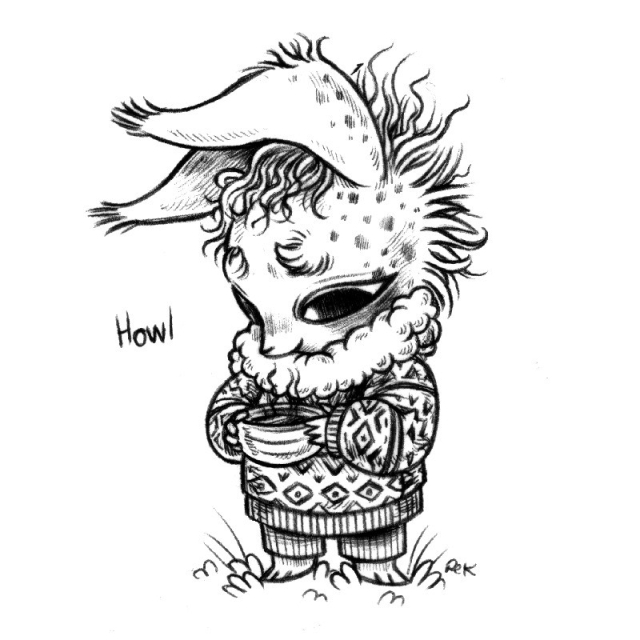 A drawing of a humanoid rabbit tucked into a very big and comfy-looking patterned sweater. They are holding a bowl of soup, looking at it, longingly. Howl's ears are flopping forward, with little wispy hairs all around them.