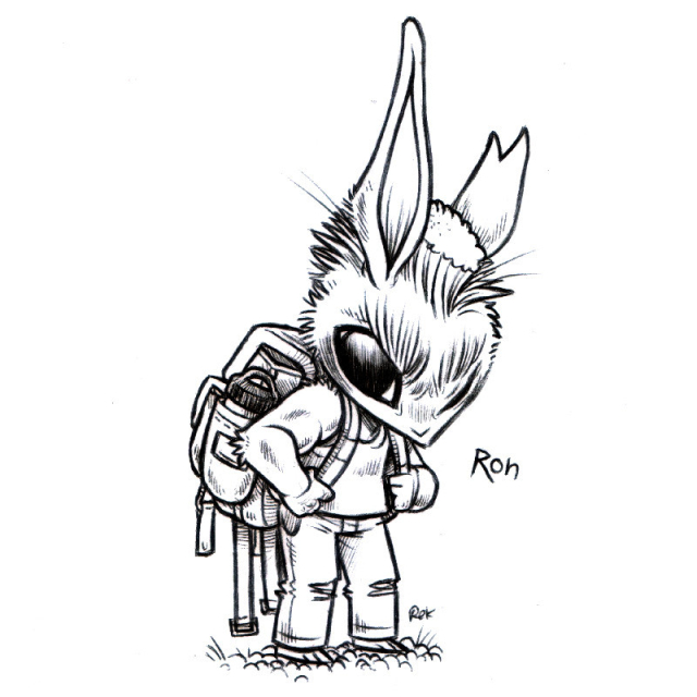A drawing of a somewhat buff humanoid rabbit named Ron. Ron has a flat-top mohawk, is carrying a backpack(with water bottle visible), has jeans torn at the knees and a tank. Ron is looking at the viewer, frowning, one of their ears was damaged(top missing).