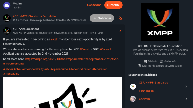 A screenshot of the XSF News on Movim