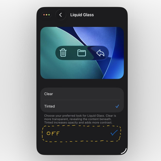 iPadOS settings for the liquid glass UI redesign showing Apple's "clear" and "tinted" options with a hand drawn "off" option added in.