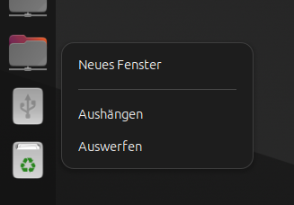 Screeshot der Optionen für eingehängten USB-Stick