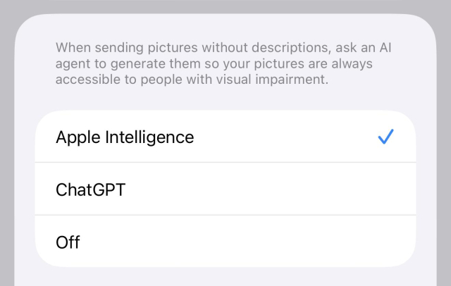 Screenshot of a text message with AI options for generating picture descriptions.