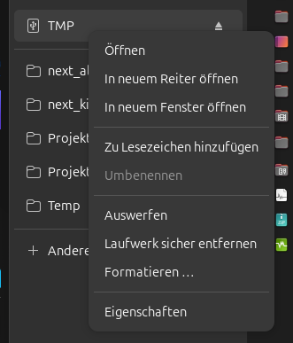 Screenshot des Kontextmenüs des USB Gerätes in Nautilus